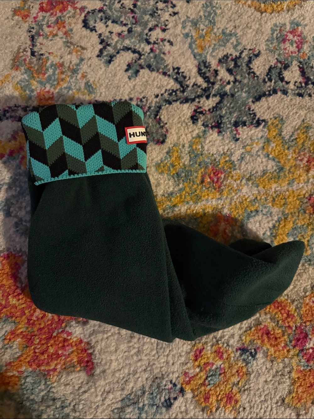 Hunter Dark Green Fleece Sock with Teal Patterned Cuff